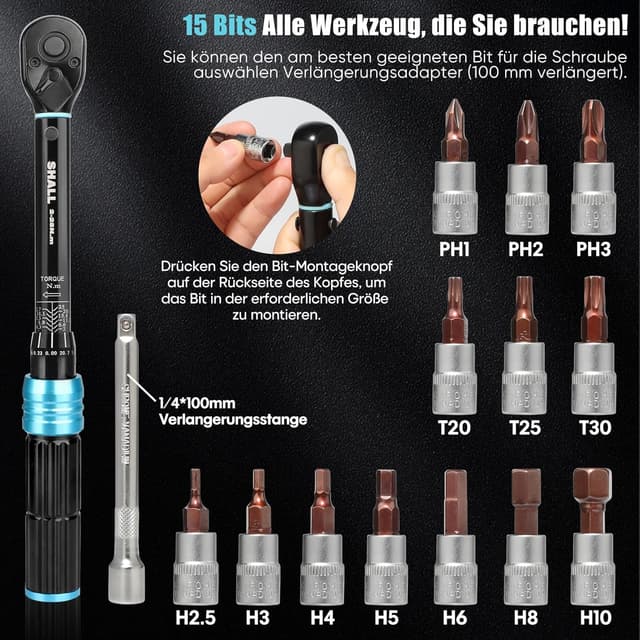 Detalle de Set di chiavi dinamometriche Shall da 15 pezzi 1/4" (2–25 Nm), doppia direzione regolabile