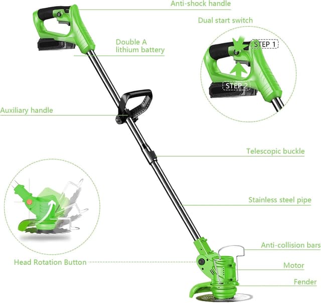 Detalle 2 de Cordless Telescopic Strimmer Kit with 2×21V Batteries, Fast Charger & Spare Blades (Electric Cordless, 2.5kg)