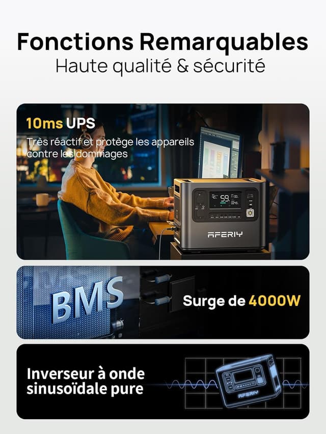 Thumbnail 6 de AFERIY Générateur solaire 2400W avec batterie LiFePO4 2048Wh et panneau pliable 400W (IP65)