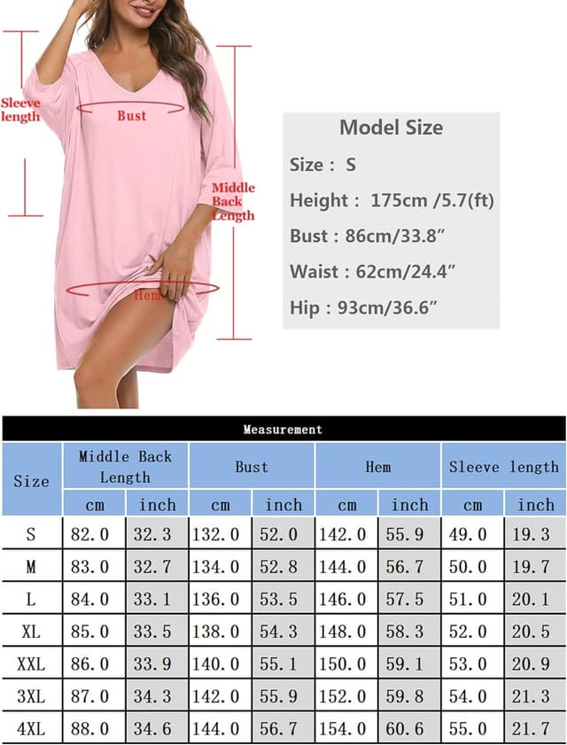 Detalle de Bresdk chemise de nuit femme oversize en coton à manches 3/4, col en V et poches (S à 3/4XL)