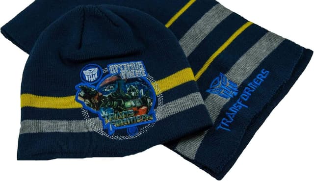 Detalle de Lot de 2 bonnets d’hiver et écharpes Transformers Autobot Optimus Prime (taille 52/54) bleu ou noir pour garçon