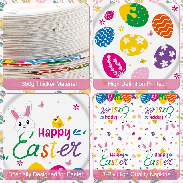 Detalle 2 de 150-Piece Happy Easter Plates and Napkins Paper Dinnerware Set (Easter Egg Hunt Tableware) — Serves 50
