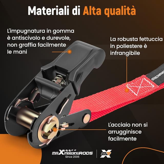 Detalle de maXpeedingrods set di 4 cinghie di fissaggio a cricchetto da 4,5 m con ganci a S e sicurezza fino a 997 kg (EN 12195-2) – Rosso