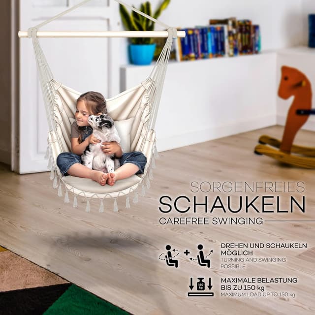 Detalle de tillvex Hängesessel mit 2 herausnehmbaren XXL-Kissen, Getränkehalter & Bücherfach