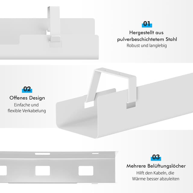 Detalle de Mimoke Kabelmanagement Tray 2er-Set 120 cm (2×60 cm) Stahl – Untertisch-Kabelschale für Schreibtisch, Steckdosenleiste (Weiß)