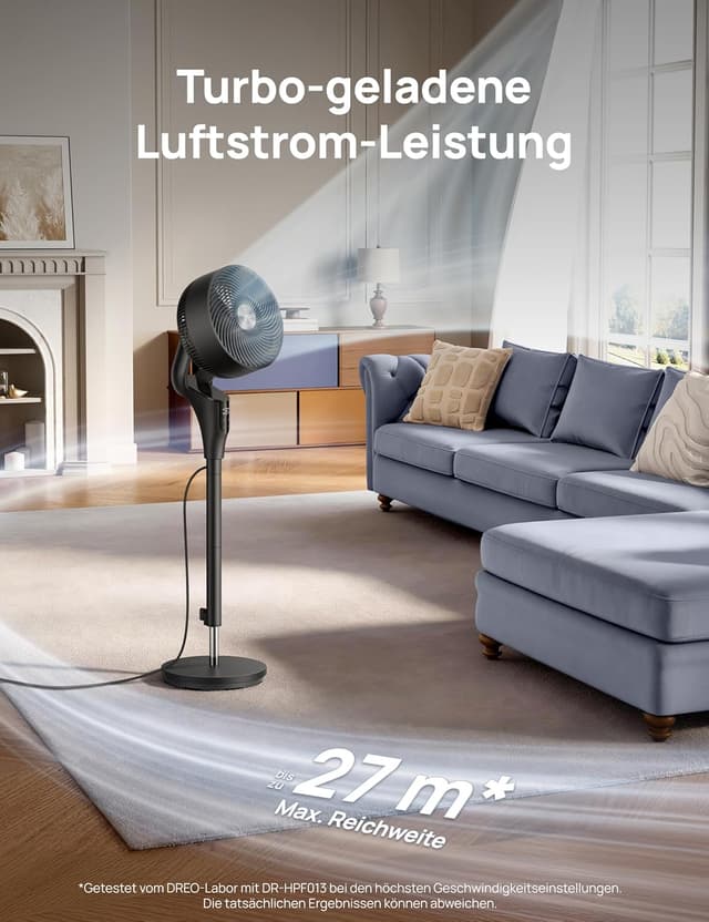 Detalle de DREO Leiser Standventilator für Schlafzimmer (Verbessert) – 27 m Luftstrom, 20 dB, 90° oszillierend