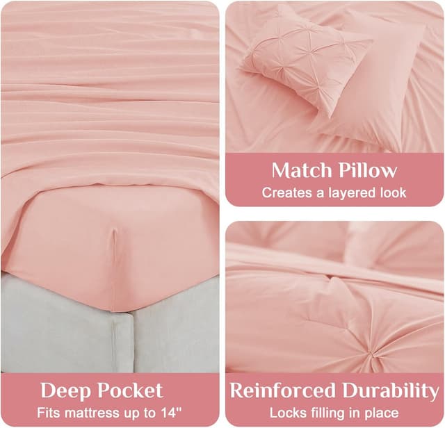 Detalle de JOLLYVOGUE Queen Comforter Set (7-Piece) with Pintuck Microfiber Bedding, Pink