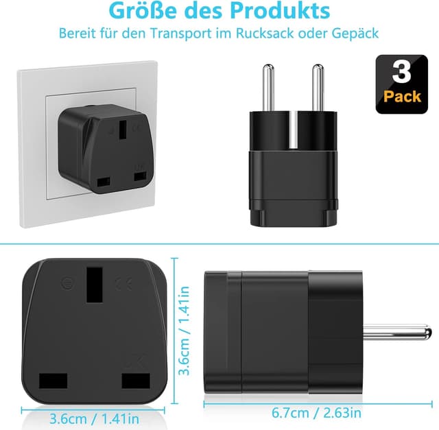 Detalle 2 de HITRENDS UK-zu-EU Reiseadapter 3er-Set