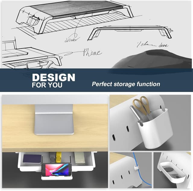 Detalle de Fenge Dual Monitor Stand (Oak) – adjustable length and angle with 3 shelves