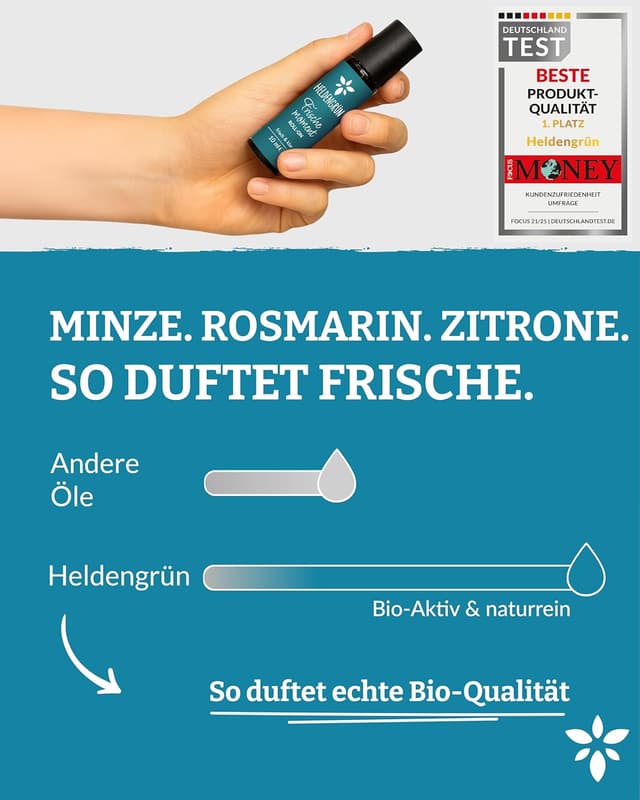 Detalle 2 de Heldengrün® BIO Roll-On „Frischemoment“ – Konzentration & Fokus mit Bio-Pfefferminze, Eukalyptus, Rosmarin und Zitrone