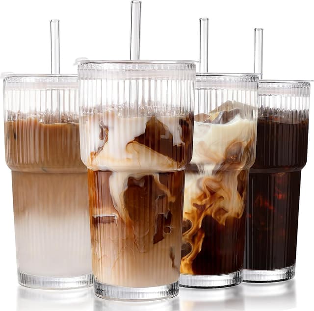 Detalle de Ribbed Glass Iced Coffee Cups with Lids, Straw & Leak-Proof Design (Set of 4) – 20oz Tumblers