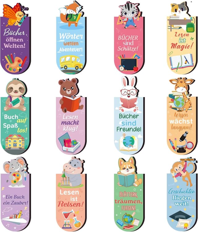 Detalle de 12 magnetische Lesezeichen für Kinder mit Tiermotiven – 12er Set für Schultüte & Kindergeburtstag