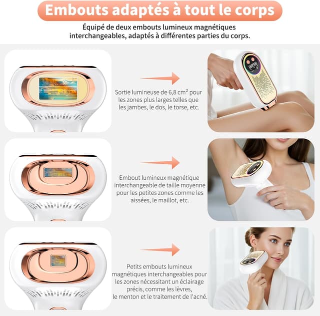 Detalle de NIKYJM Épilateurs lumière pulsée IPL 6,8 cm² – 9 niveaux d’énergie, 3 modes HR/SC/RA (or rose)