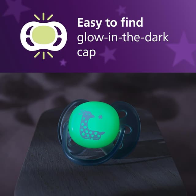 Detalle 2 de AVENT Philips Avent Ultra Soft Nighttime Soothers (SCF094/08) – Orthodontic 6–18 Months, BPA-Free, Glow-in-the-Dark, 4 Pack