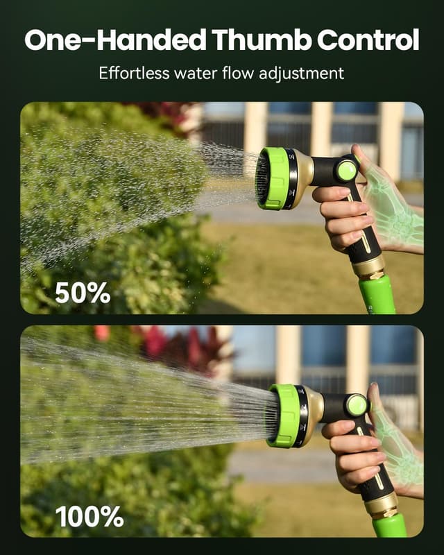 Detalle de RAINPOINT all-metal hose pipe spray gun with thumb flow control and 10 spray patterns (green)