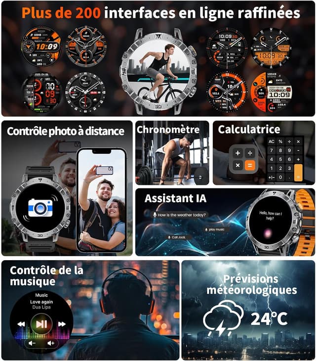 Detalle 2 de LIGE Montre connectée homme militaire EF18-Q (1,7") : appels Bluetooth, 110+ modes sport, IP68
