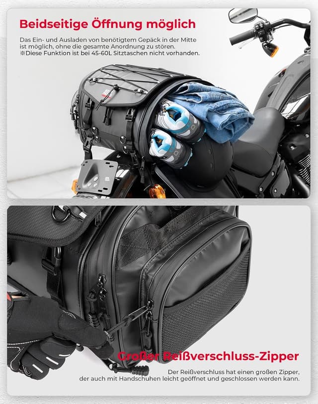 Detalle 2 de KEMIMOTO Borsa Posteriore Moto espandibile 24-32L impermeabile con copertura antipioggia e zainetto removibile, nero