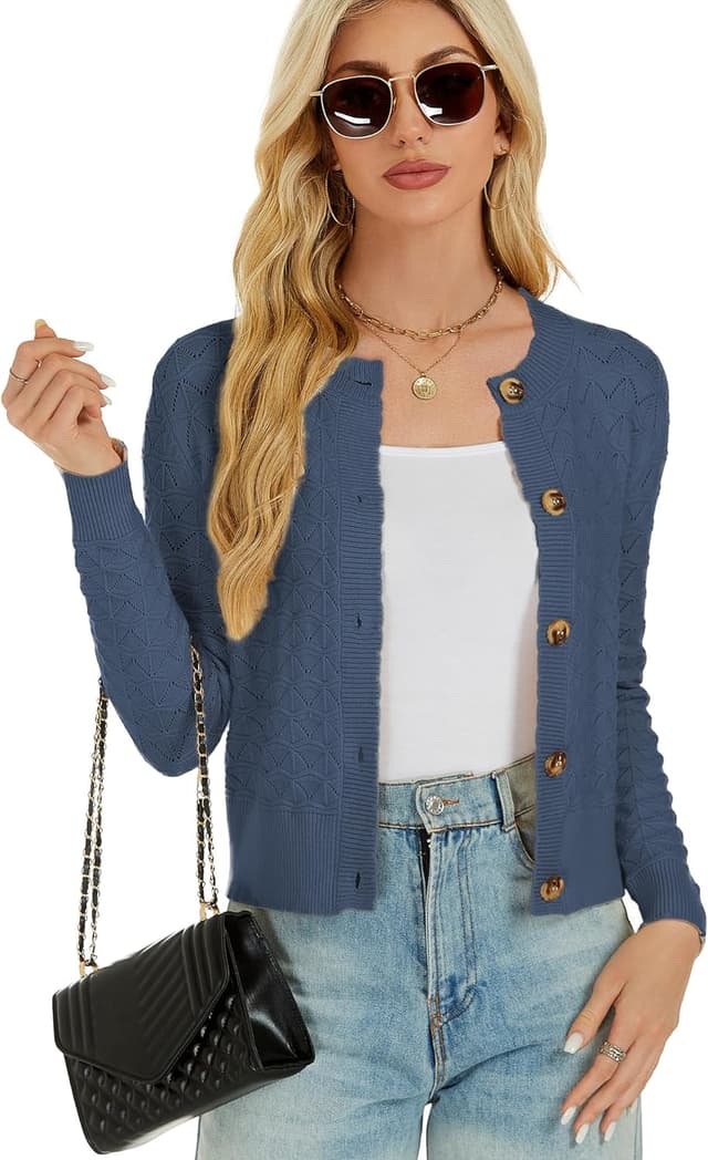 Detalle de Enjyam Damen Strickjacke Elegant kurz mit Knöpfen, Rundhals & Lochmuster (Cardigan/Bolero)