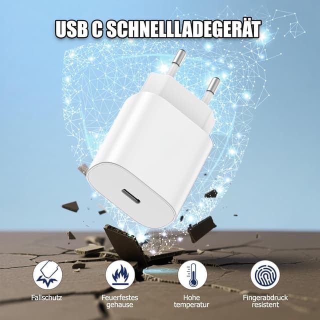 Detalle de 2er-Set 25W USB‑C Ladegerät für iPad & iPhone + 2m USB‑C Kabel (PD 3.0) – Schnelles Laden für unterwegs
