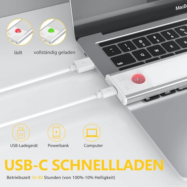 Detalle de OUILA LED-Unterbauleuchten mit Bewegungsmelder, 31 cm, USB-C wiederaufladbar – Set mit 2 Stück