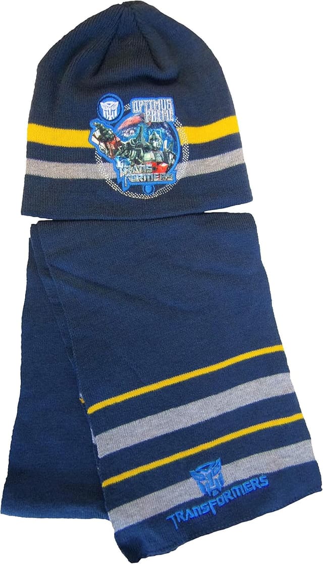Detalle de Lot de 2 bonnets d’hiver et écharpes Transformers Autobot Optimus Prime (taille 52/54) bleu ou noir pour garçon