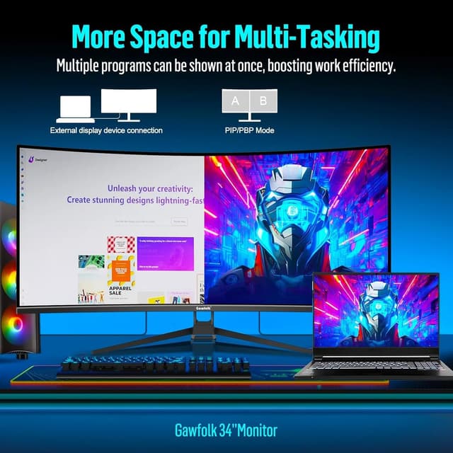 Detalle de Gawfolk Gaming Curved Monitor 34 Zoll (UWQHD 3440×1440, 165 Hz, 1500R, VA) mit DisplayPort/HDMI und VESA 75×75