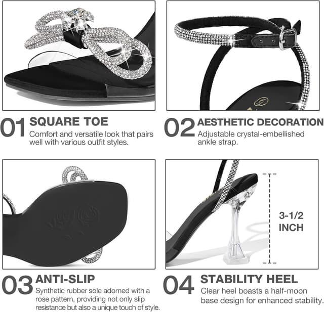 Detalle de ZURIN Women's Rhinestone Bow Heels with Clear Slingback Straps and Square Toe