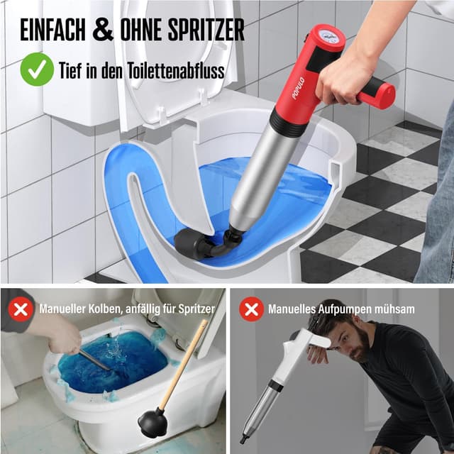 Detalle de POPULO Elektrischer Abflussreiniger (Pömpel/WC-Saugglocke) mit integrierter Luftpumpe