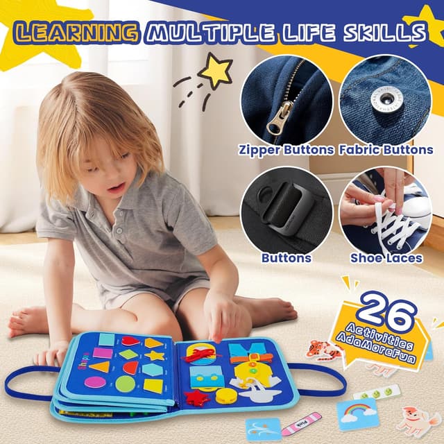 Detalle 2 de TINIFO Busy Board Giochi Montessori in feltro blu (1 anno) – libro sensoriale interattivo portatile