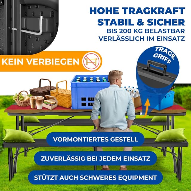Detalle de KESSER® Buffettisch klappbar aus Kunststoff, 220 x 68 cm – Campingtisch für bis zu 6 Personen inkl. Cover & Tragegriff (Anthrazit)