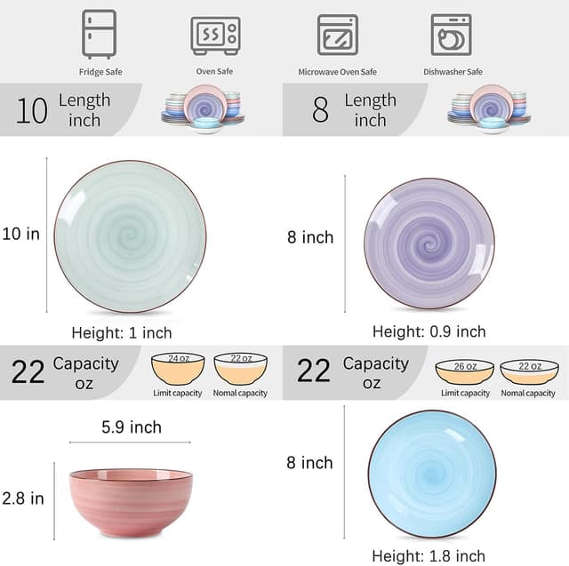 Detalle de Selamica Ceramic Plates and Bowls Set (24-Piece) for 6 — Handpainted Swirl & Gradient Color