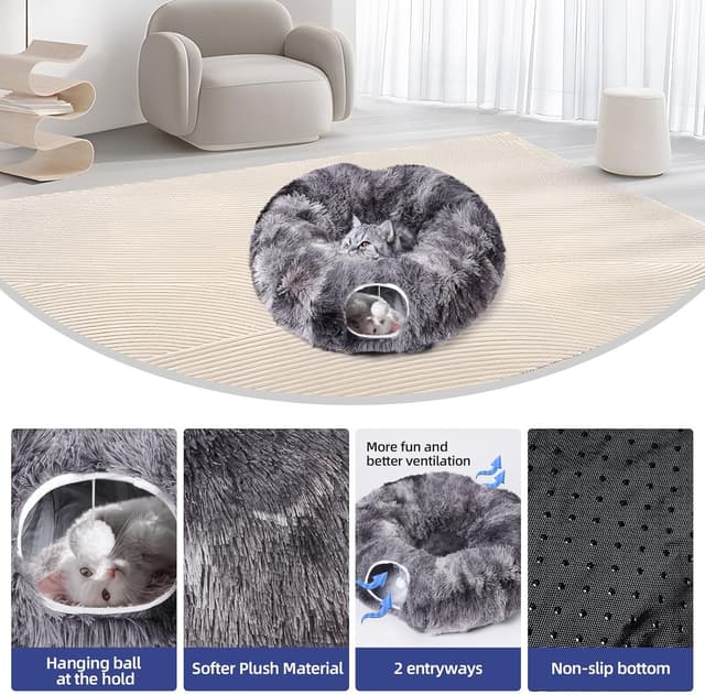 Detalle de Odoland 2-in-1 Cat Tunnel Bed set with washable cushion, donut tunnel & hanging toys (dark grey)