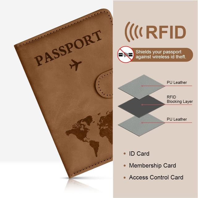 Detalle de OFFCUP Passport Holder Cover & Luggage Tag Set with RFID Blocking (PU Leather) – Brown