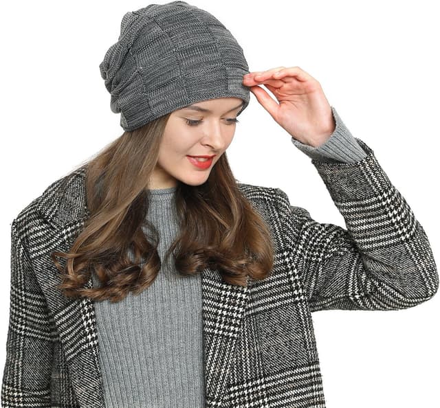 Detalle de DonDon Bonnet d’hiver pour femme Slouch en laine, doublure chaude en polaire