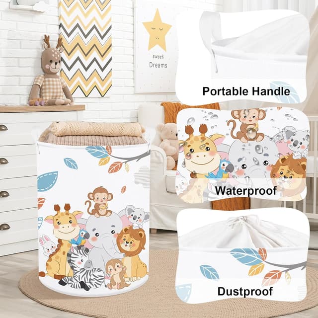 Detalle de Clastyle Tier Kinder Wäschekorb mit Henkel, faltbar – Löwe, Elefant, Koala & Sterne, 36x45 cm