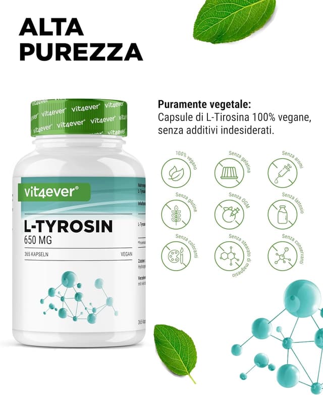 Detalle de L-Tirosina 365 capsule vegane dose extra elevata (1.300 mg per dose giornaliera)