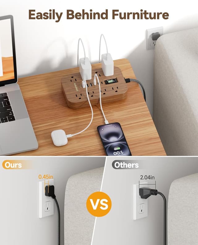 Detalle 2 de Walnut Power Strip with USB Ports (5 ft) — Wood Extension Cord with 6 AC Outlets and 6 USB