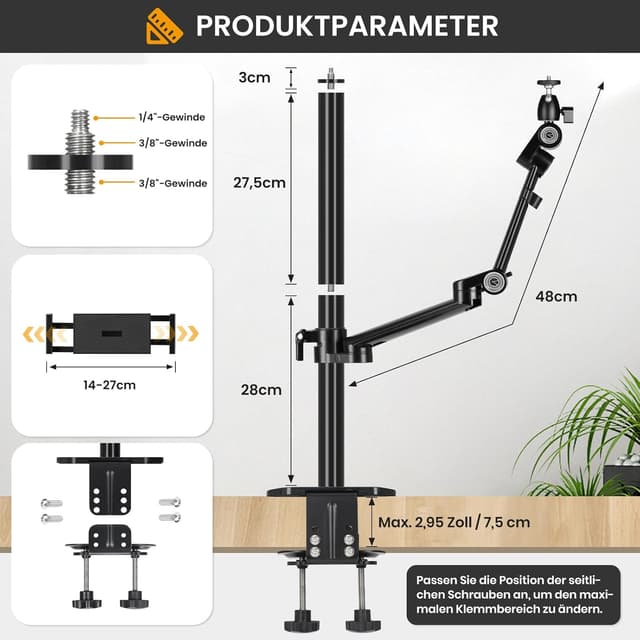 Detalle de TARION Tischstativ Kamera Tischhalterung mit Klemmstativ, flexibler Gelenkarm & Tablet-Klemme (Titanrig Lite Z)