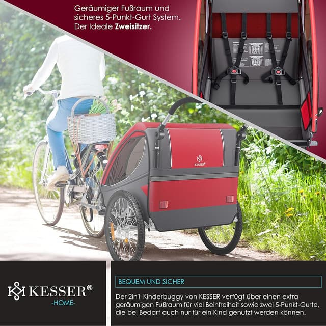 Detalle de KESSER Kinderanhänger Fahrradanhänger 360° drehbar mit Federung und 2in1 Joggerfunktion (1–2 Kinder, max. 40 kg) inkl. Warnfahne, Rot