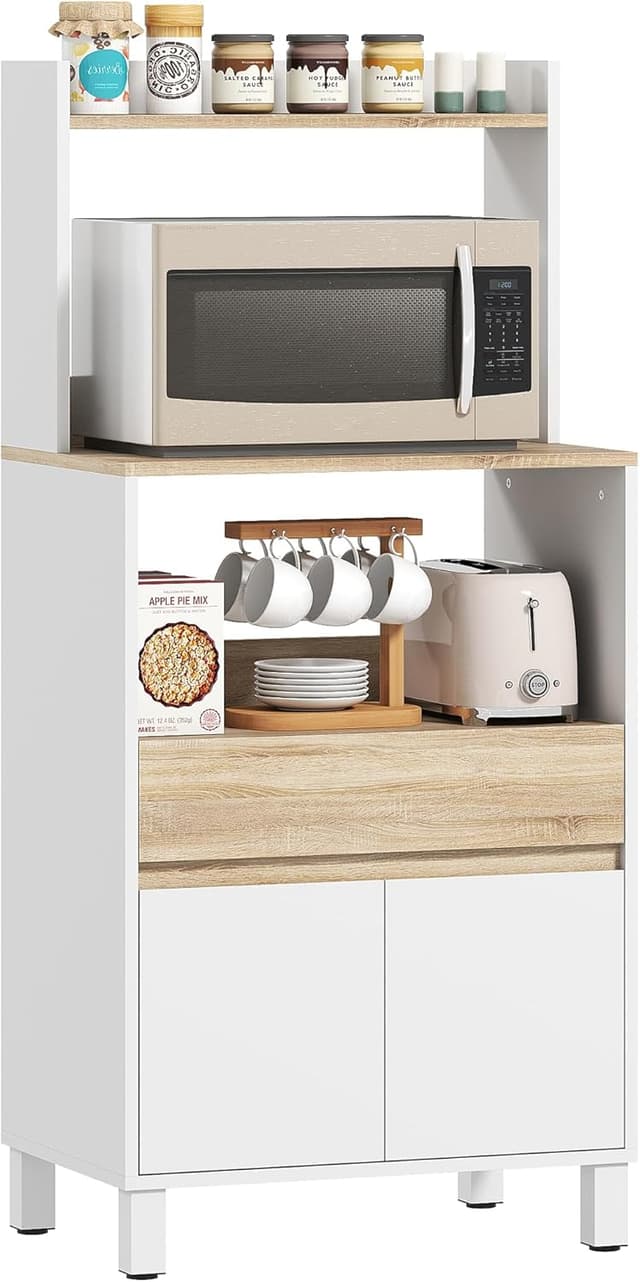 Detalle de HOMCOM Meuble micro-ondes avec buffet et rangement 60 x 40 x 131 cm chêne et blanc