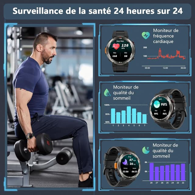 Detalle de Montre connectée homme Militaire — Torche LED, appels Bluetooth, écran HD 1,45" et suivi sport IP68