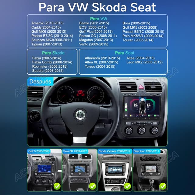 Detalle de ACAVICA Autoradio 2 DIN da 9" Android 14 con Wireless CarPlay/Android Auto e comandi volante (per VW/Skoda/Seat)