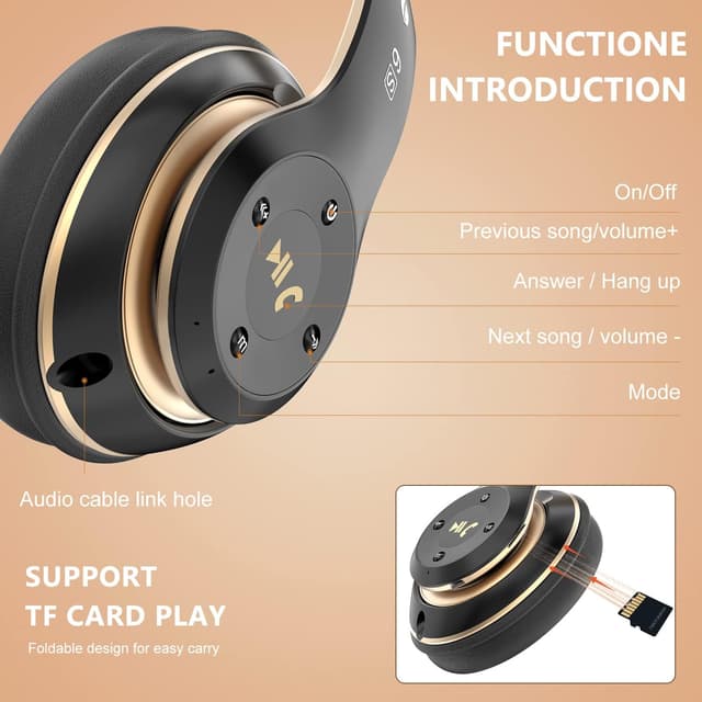 Detalle 2 de Rebocico Bluetooth over-ear headphones (Black & Gold) with 6 EQ modes, 65 hours playtime and built-in mic