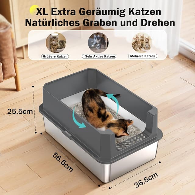 Detalle de MIXJOY Katzenklo Edelstahl XL (28 l) mit hohem Rand, auslaufsicher, 56,5 x 36,5 x 25,5 cm