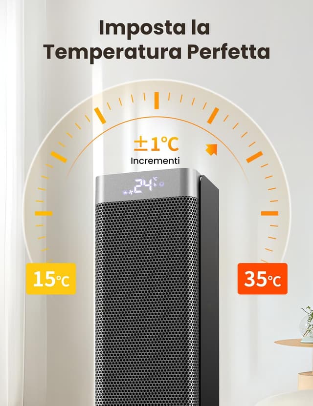 Detalle de Stufetta Elettrica Basso Consumo PTC 2000W con 4 modalità, ECO, oscillazione e timer fino a 12 ore