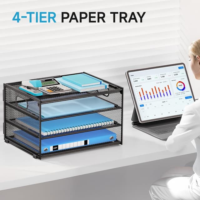 Detalle de Marbrasse Organizer da ufficio a 4 livelli con cestino in rete e manico (nero)