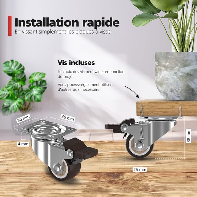 Detalle de RAVN HAMAN : set de 4 roulettes pour meubles 25 mm avec frein, charge jusqu’à 15 kg par roue