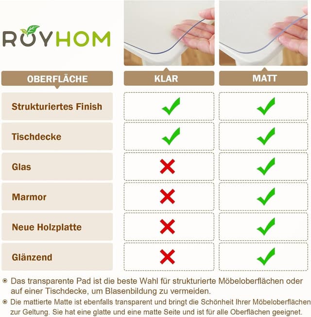 Detalle de Royhom transparente Tischfolie 90 x 150 cm (PVC) als Tischschutz, blasenfrei und matt auf der Unterseite