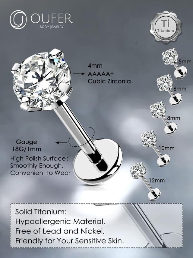 Detalle de OUFER Labret piercing push-in en titane 18G avec pointe CZ transparente (filetage sans, modèles Helix/Tragus/Lèvre)