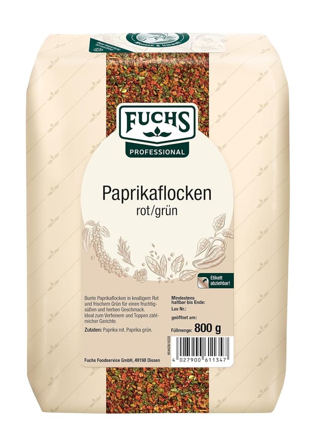 Detalle de Fuchs Professional Paprikaflocken rot/grün (bunte Mischung) – zum Verfeinern & Toppen, 800 g im großen Beutel